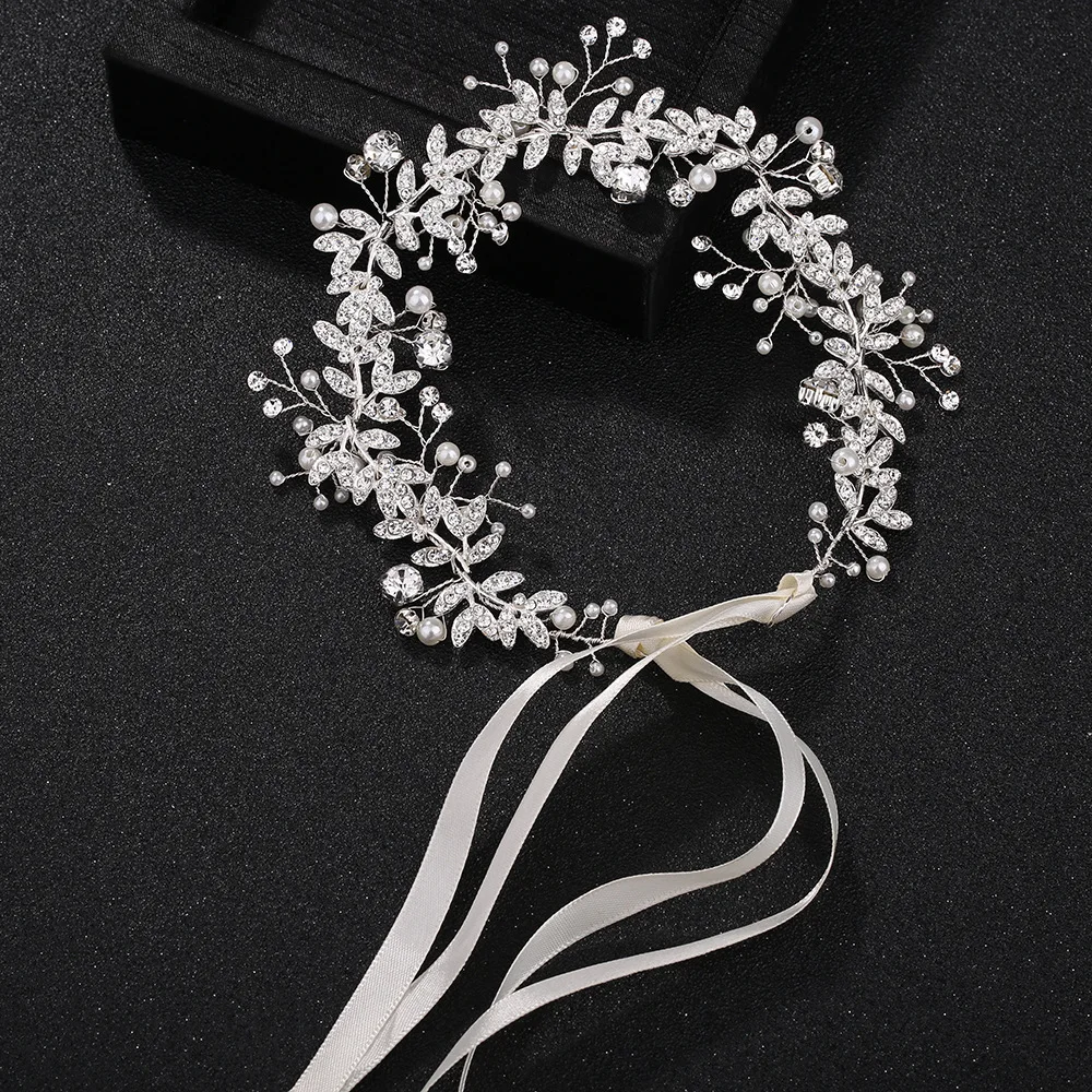 New Crystal Flower Headband Ribbon Bow Hairband for Bride Wedding Hair Accessories Pearl Head Flower Headbands Women Headwear