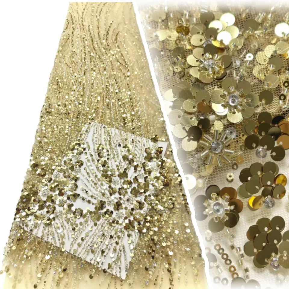 

Latest African French Sequins Net Lace Fabric High Quality Embroidery Beaded Fabric 5 Yards for Women Wedding Party Dress TP1701