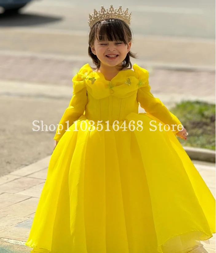 Cute Yellow Mini Princess quinceanera dresses Dreamy Long Sleeve Applique Pom Pom Flower Girl Dresses Vestidos De Gala