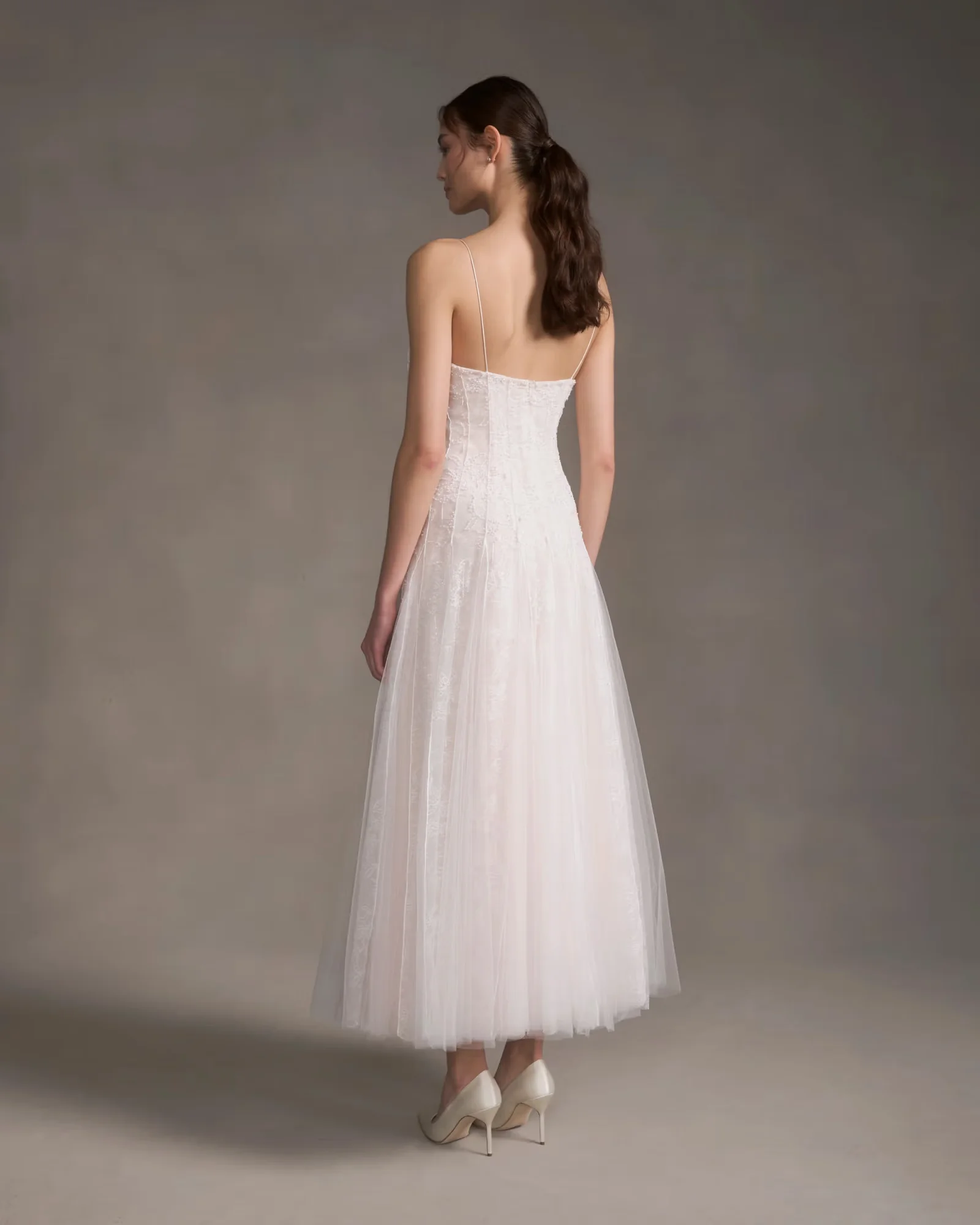 Customized Spaghetti Strap Beaded Lace Tulle Midi A-Line Gown Vertical Pleats Hidden Zipper Bridal Reception Civil Beach Garden
