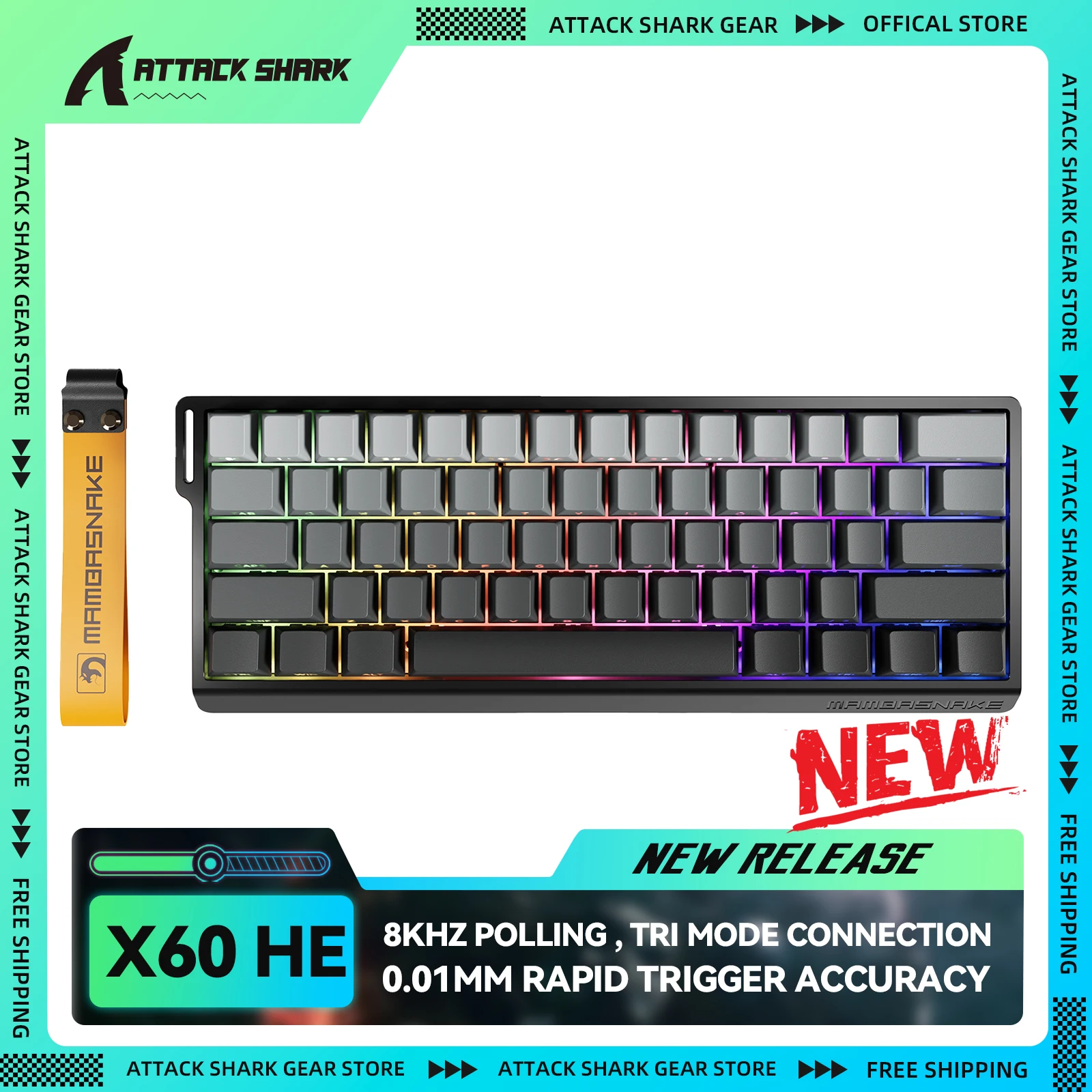 ATTACK SHARK x MAMBASNAKE X60 HE 8K Rapid Trigger Keyboard Magnetic Switch, Tri-Mode Connection, 0.01mm Rapid Trigger Accuracy