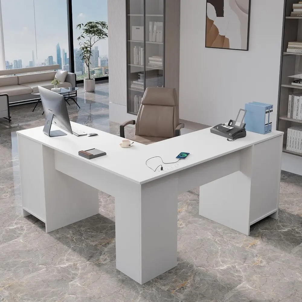 

60-дюймовый белый L-образный стол с тумбой для хранения и розетками для домашнего офиса