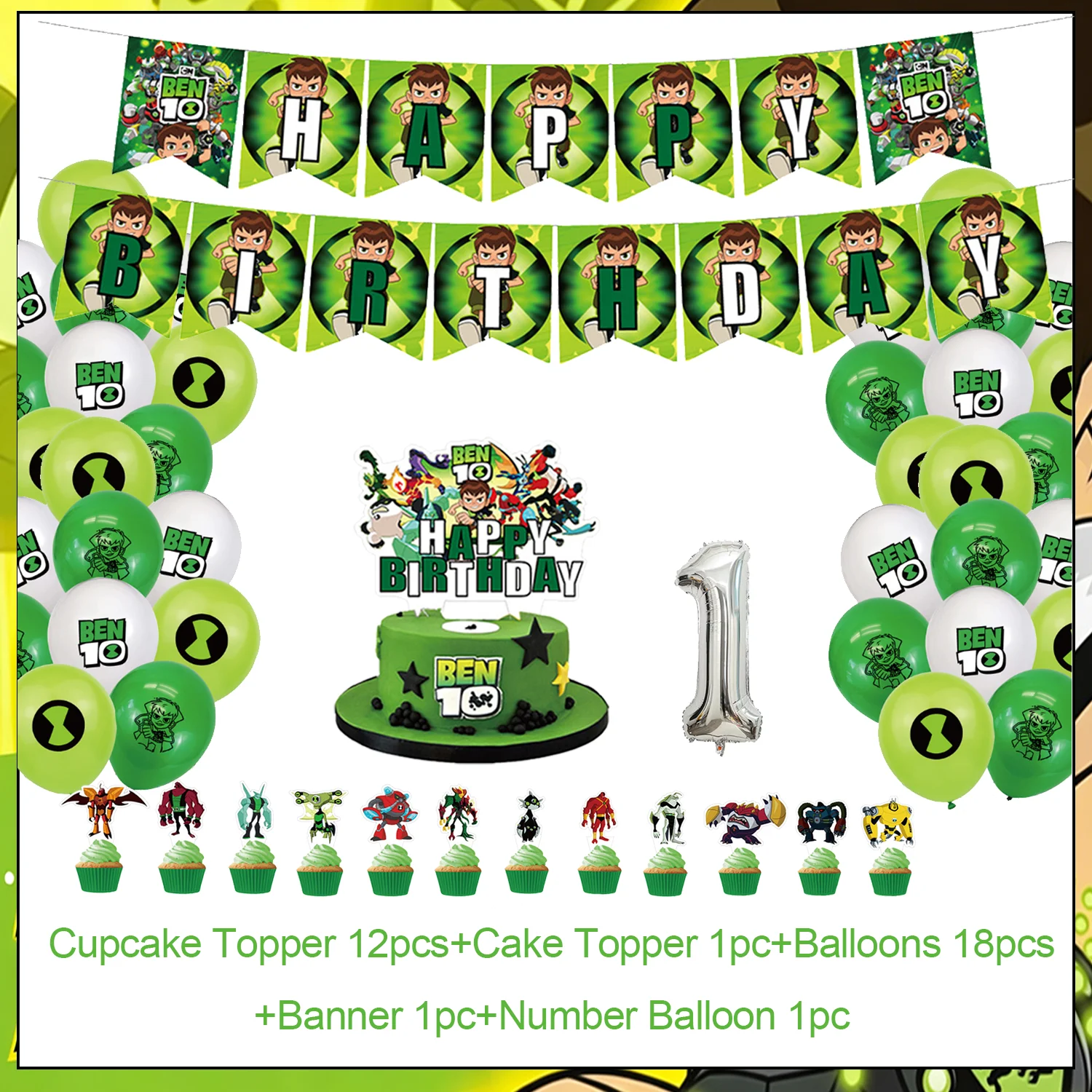 Cartoon Ben-10 Theme Backdrop Kids Birthday Party Decoration Cake Toppers Balloon Banner  Background Boys Favors Gifts Supplies view 2
