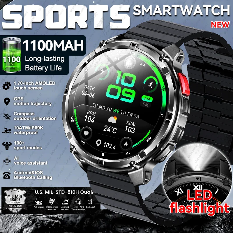 

Новинка 2022 года, мужские спортивные умные часы AMOLED, аккумулятор 1100 мАч, фонарик, GPS-трек, компас, Bluetooth-вызов, водонепроницаемые умные часы для фитнеса
