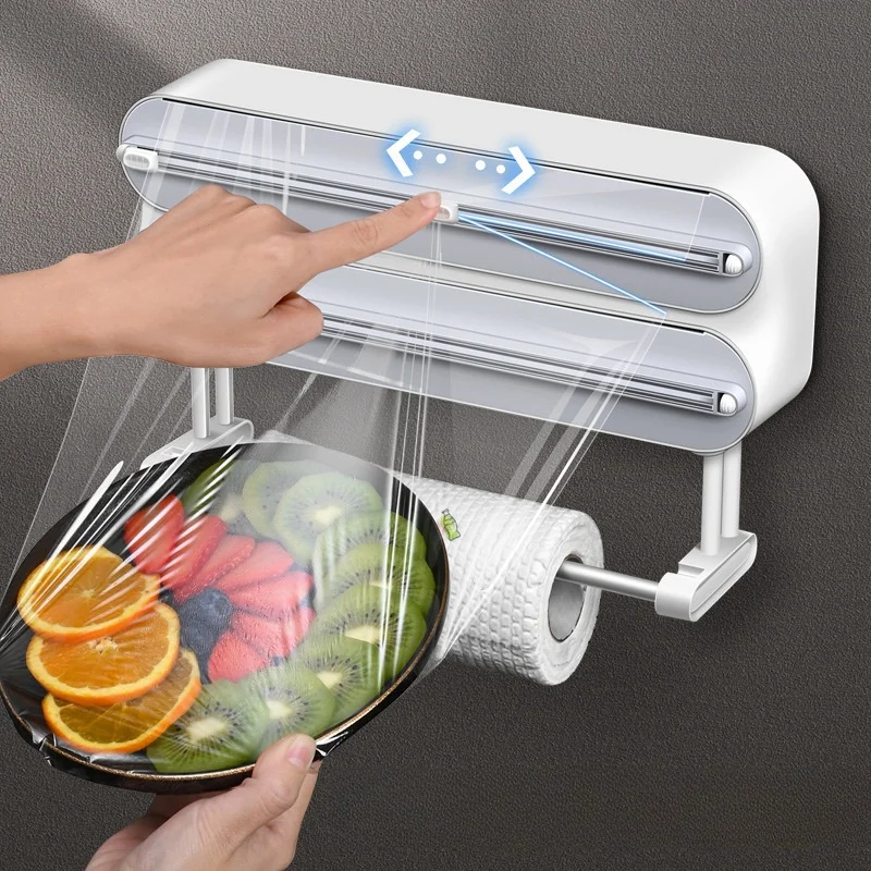 Wall Cling Film Cutter Dispenser Magnetic Wrap Food Stretch Film Roll Holder Aluminum Foil Wrap Dispenser Kitchen Organizer