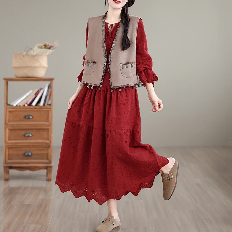 Abito da donna a maniche lunghe in cotone rosso retrò con ritaglio in crochete Abito a trapezio con volant con lacci Autunno Beach Vacation Abiti maxi da fata