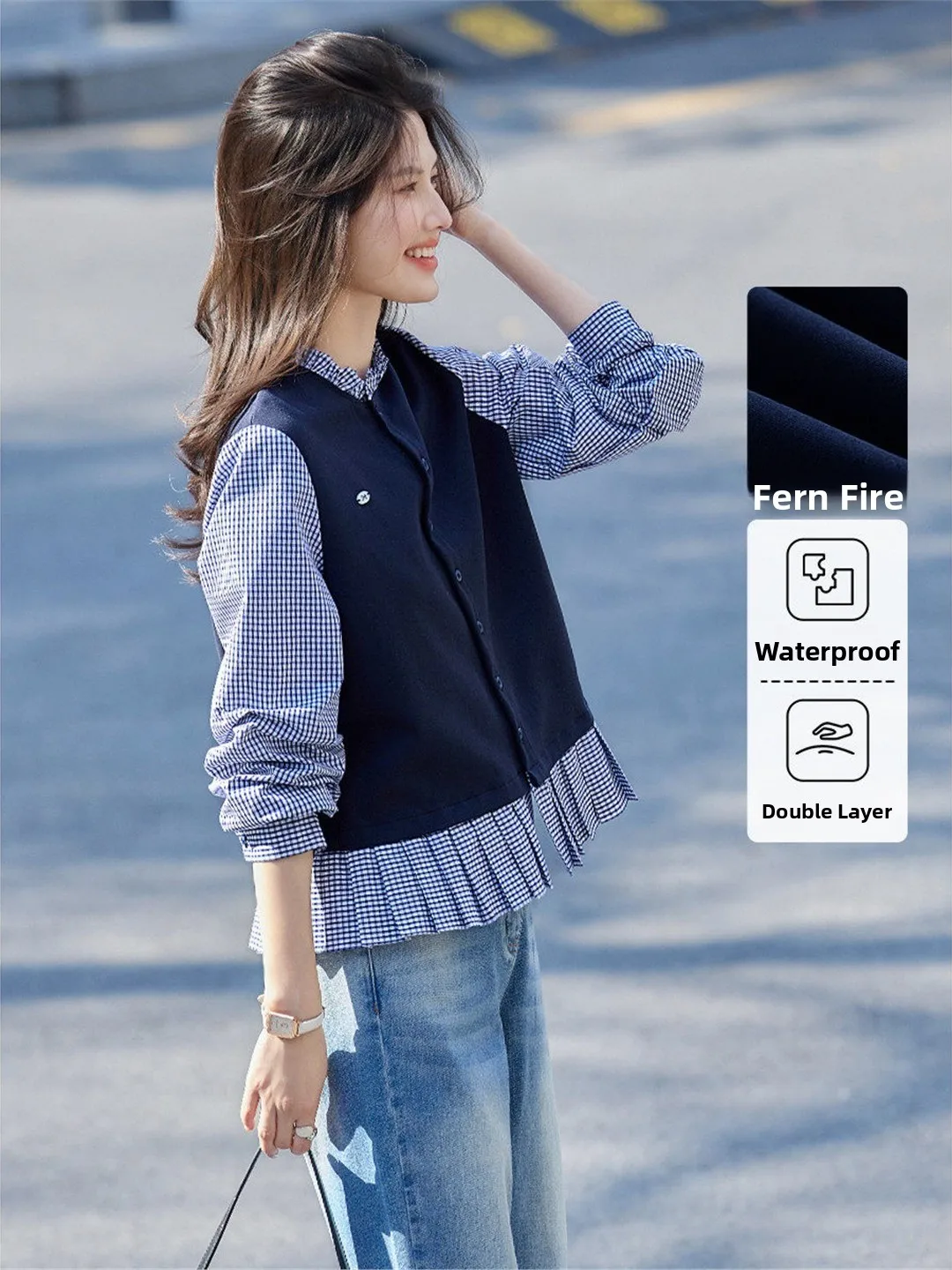 Oule Intelligent Layering Fake Two-Piece Patchwork Sweatshirt Spring New Design Plaid round Neck Top Women's Knitted Cotton B...