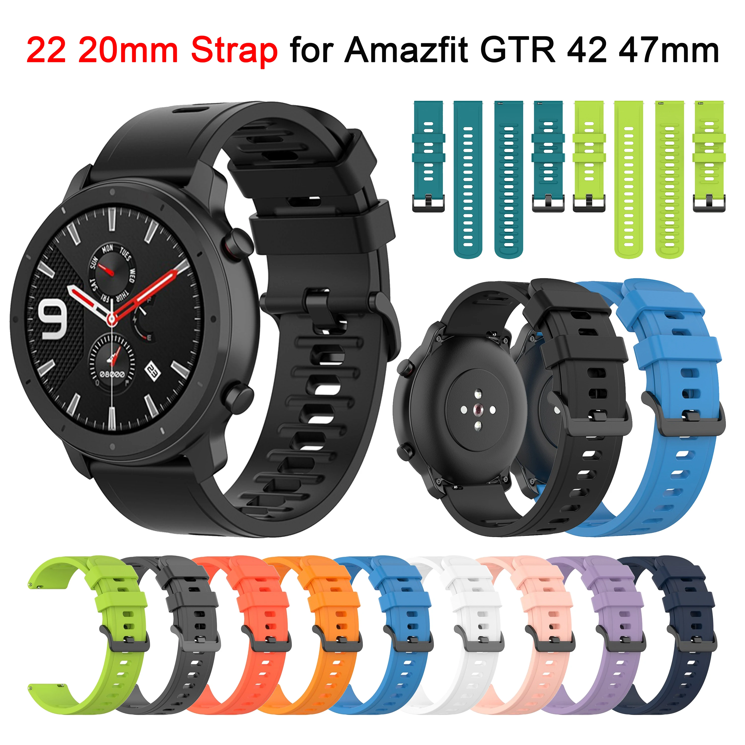 

20 22mm Silicone strap for Huami Amazfit GTR 42mm 47mm smart Watch Band for Huawei GT2 GT3 42 46mm Samsung watch 4 5Pro Bracelet