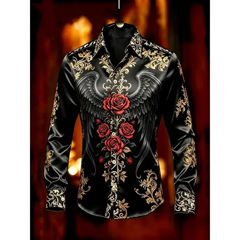 New Golden Phoenix Wave Flame National Style Printed Long Sleeve Shirt with Shiny Satin for Men's Top Clothing
