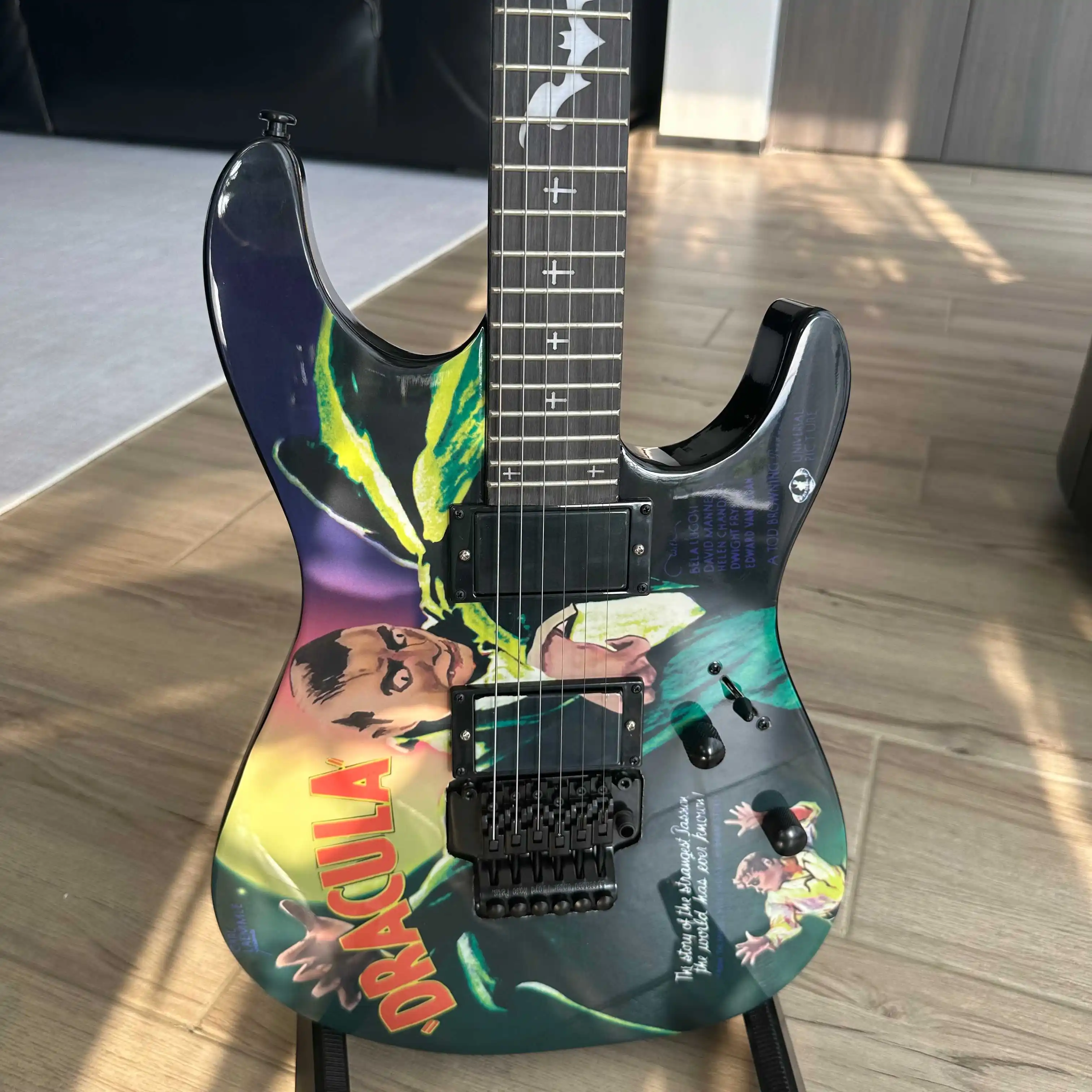 Karloff KH‑3 Vampire Electric Guitar, Bat Pattern Fretboard Inlay, Multicolor Themed Painted Artwork, EMG Pickups, Locking Nut