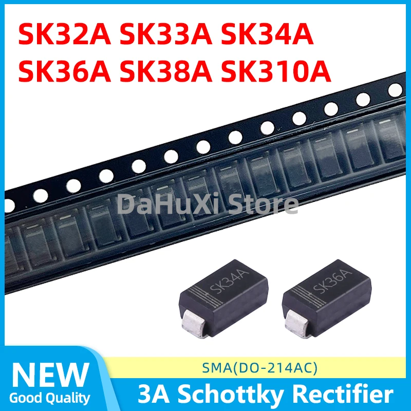 50PCS SK32A SK33A SK34A SK36A SK38A SK310A DO-214AC SMA 3 Amp 20V 30V 40V 60V 80V 100V Schottky Rectifier SMD