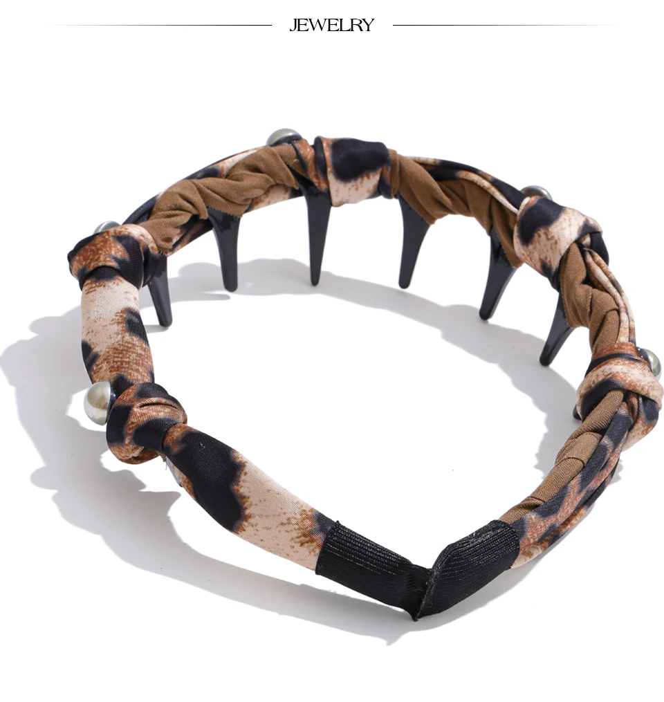 Yhpup Vintage Leopard Polyester Tuch Perlen Rutschfestes Band Zähne Haarreifen für Frauen Haarband Zubehör – Detail 3