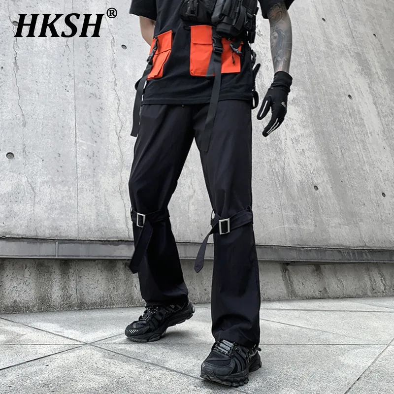 

HKSH Spring Summer New Casual Pants Men's Tide Functional Style Straight Loose Trend Workwear Zipper Design Dark Overalls HK0685