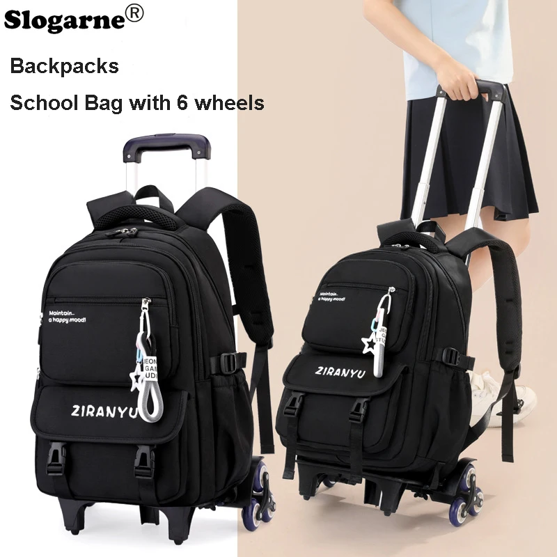 

Students Trolley Backpack Kids 2025 New 6 Wheels Rolling Backpack Girls Boys School Bags Women Travel Bagpacks Wheels Bookbags