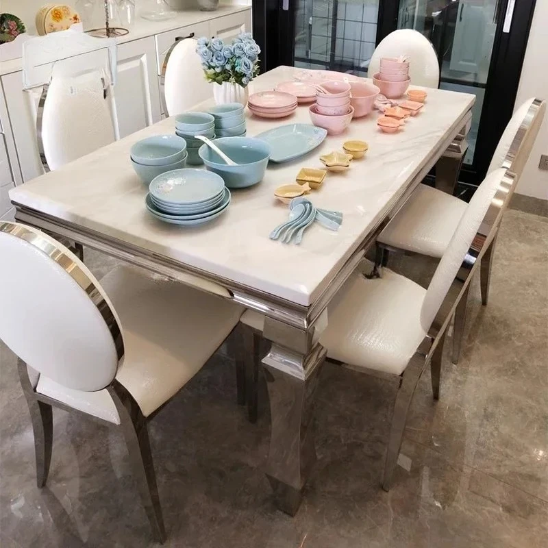 Marble Dining Tables and Chairs Set Rectangular Stainless Steel Tableware Stone Plate dinning table set furniture dining table