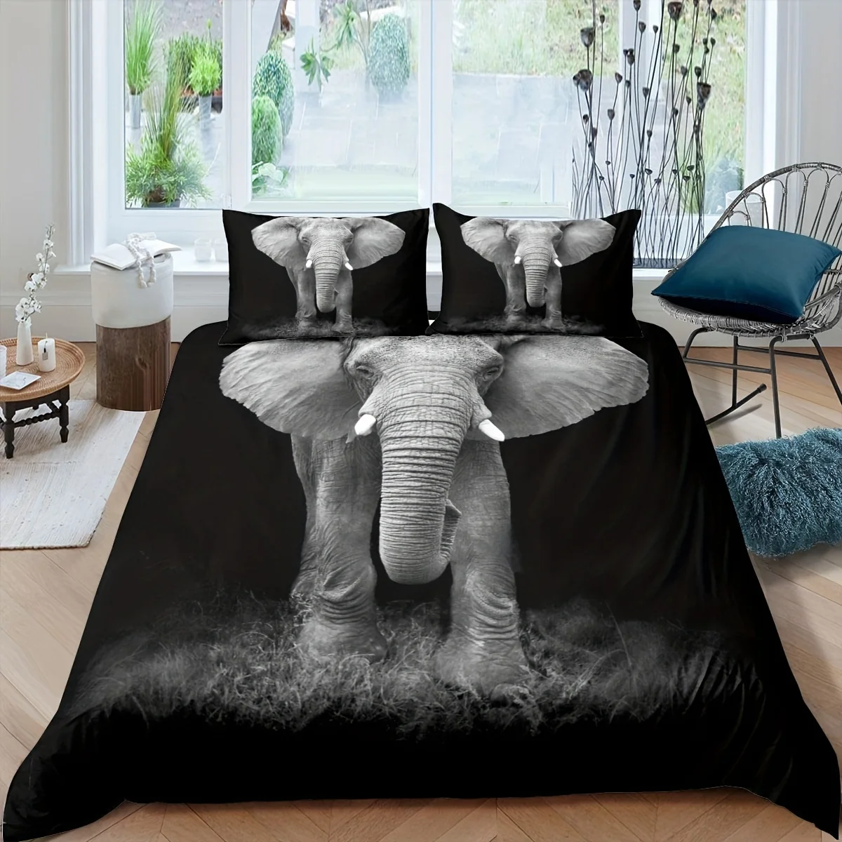 Duvet Cover Set Gray Bohemian Elephant Print Bedding Set Soft Comfortable Duvet Cover For Bedroom Guest Room