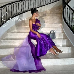 Simin One-Shoulder Luxury Appliques Satin elegant prom dress fairy Mermaid Floor Length Saudi Royal Purple dresses for women