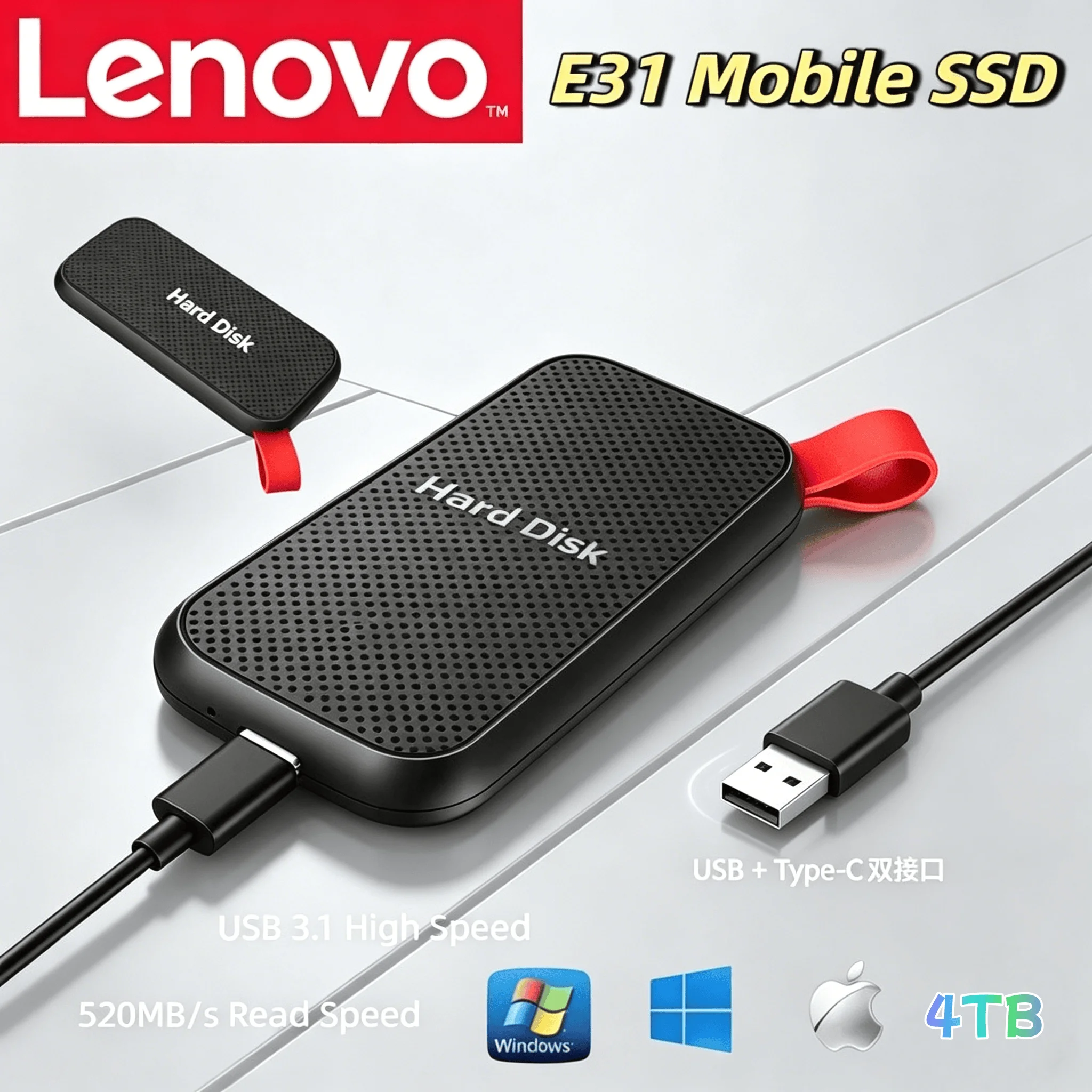

Lenovo E31 4TB USB 3.1 External SSD Portable Mobile Solid State Drive High Speed Storage for Laptop PS5 Phone Gaming Data Backup