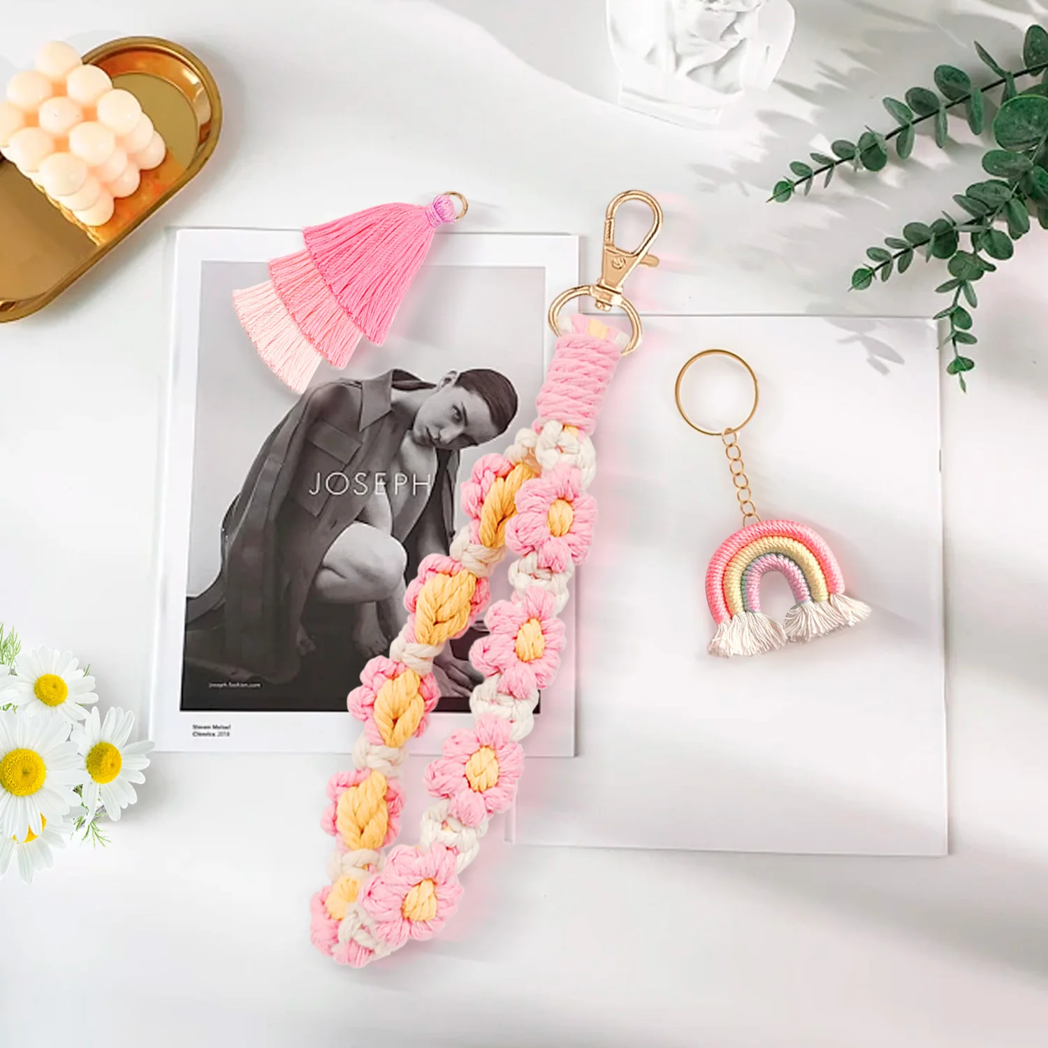 Boho Daisy Flower Wristlet Keyring,3In 1Keychain,Pink Macrame Keychain Wristlet/Daisy Weave Bracelet / Boho Keychain Holder image 2