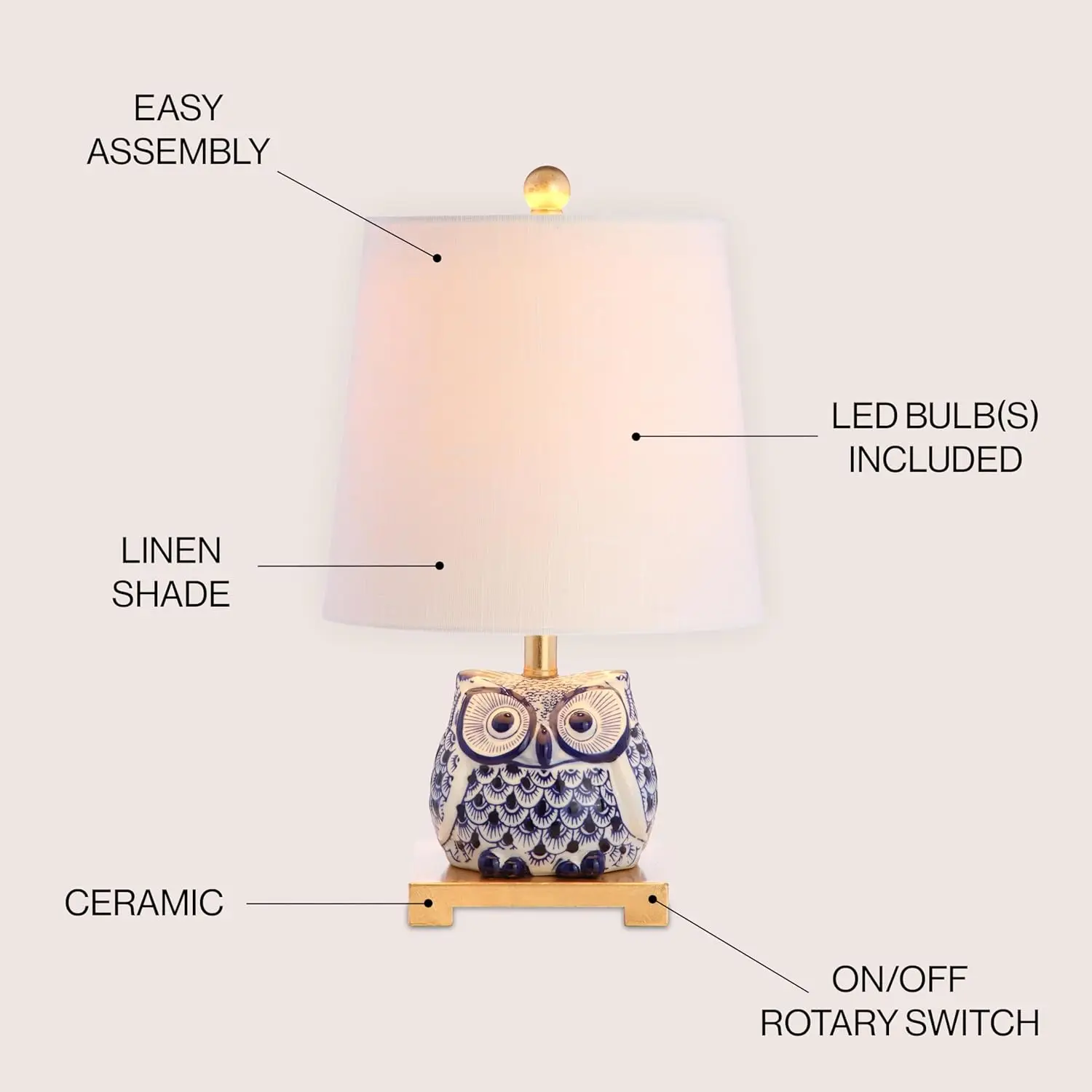 Lampada da tavolo a LED in ceramica Justina da 16', blu/bianco, per camera da letto, soggiorno, ufficio, dormitorio, tavolino da caffè