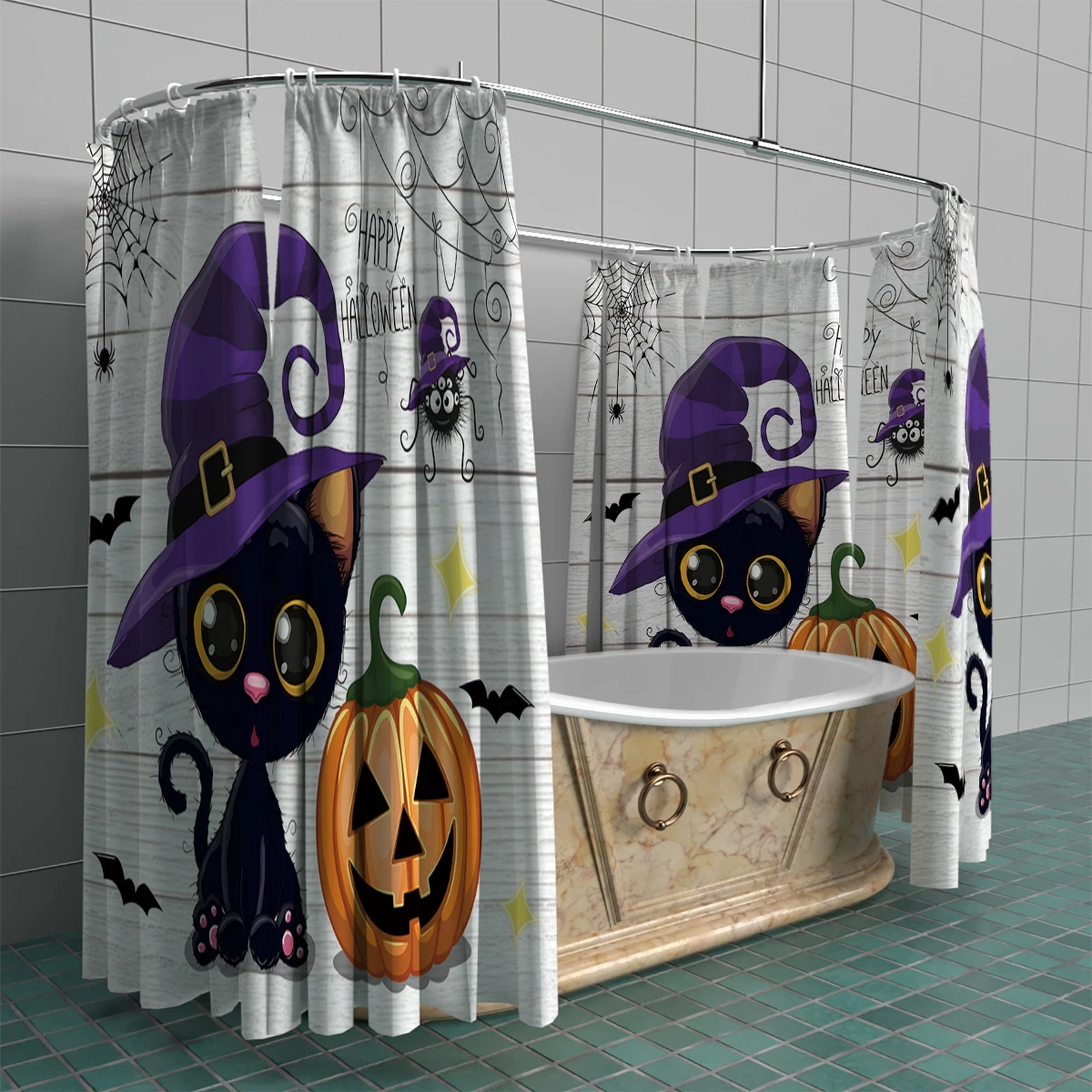 1PC Halloween Element Pattern Waterproof Shower Curtain with 12 Hooks 71x71 In Bathroom Decor for Hotel and Home