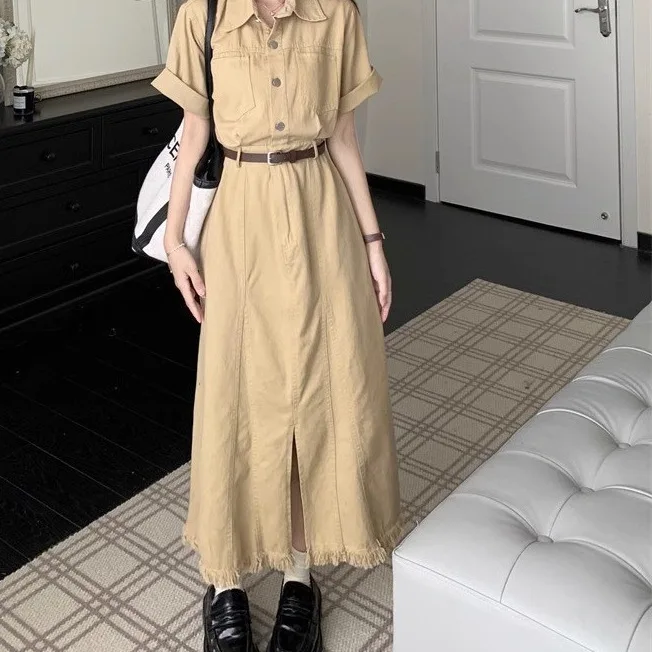 Neues Design Japan Stil Frauen Chic Korea Basic Wear Casual Robe feste Taschen Vintage lange Knopf Hemd Kleid Gürtel Vestidos