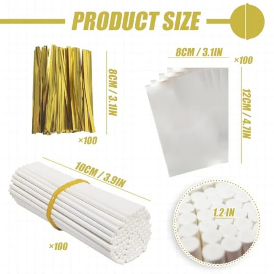 تتضمن مجموعة أعواد الكيك البوب مغلفة كعكة البوب 100 كيس كعكة البوب أعواد المصاصة وربطات اللحم المعدنية الذهبية #2
