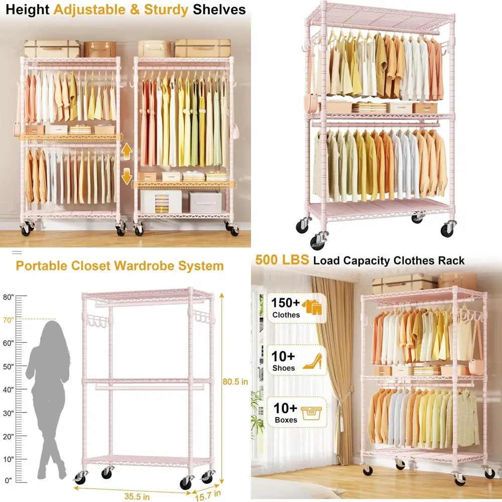 

Portable Pink Wardrobe Closet with Wheels and Shelves, 35.5x15.7x80.5, Holds 500lbs