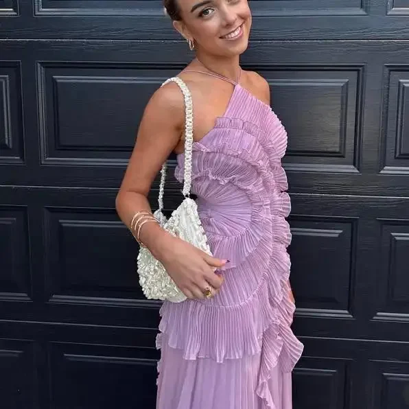 Fioletowe sukienki na studniówkę typu halter, linia A, z falbanami, warstwowe, bez pleców, sukienki imprezowe, letnie, nowe, wakacyjne, szyfonowe, długie suknie wieczorowe 2025