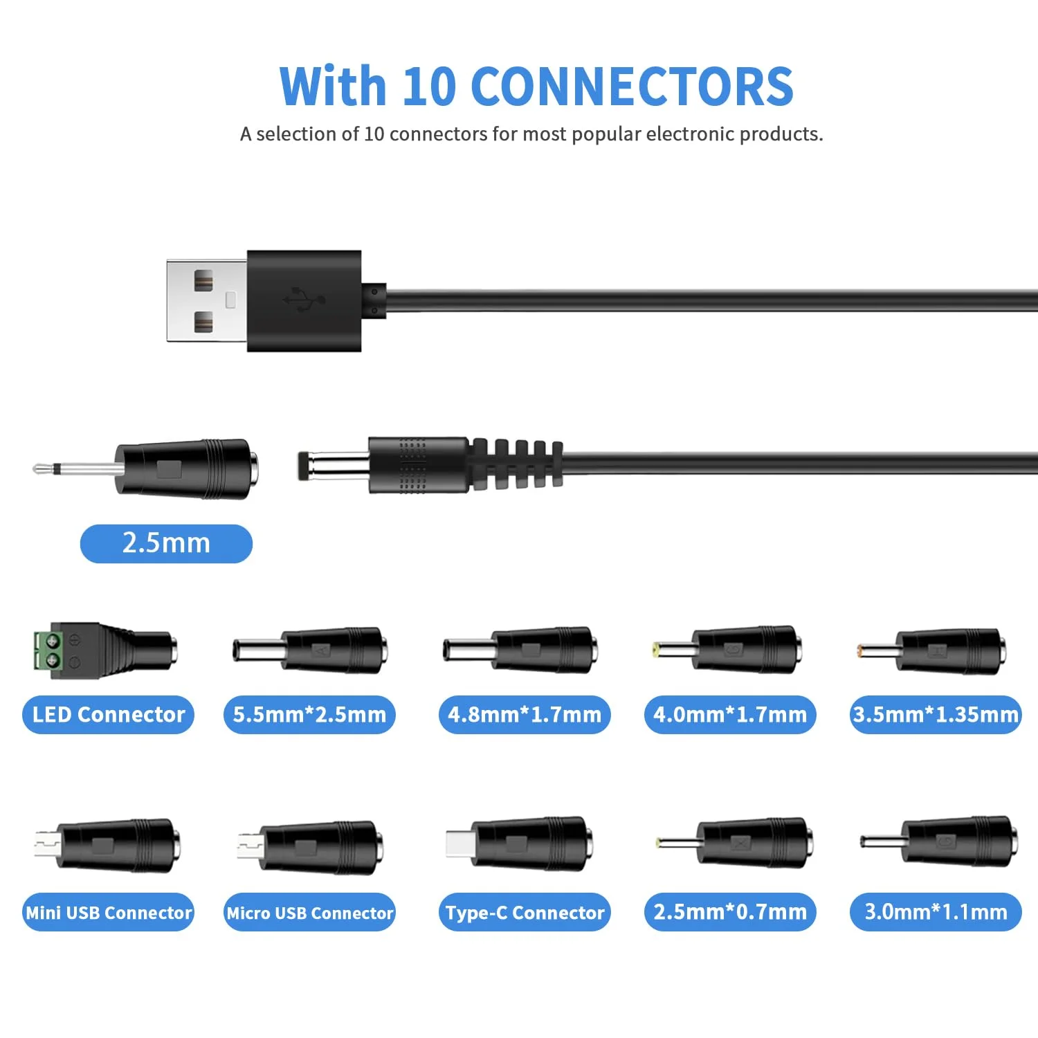 11-in-1 Universal 5V USB to DC Charging Cable 3.3FT, Multi Plug for Electronics 5.5x2.1 5.5x2.5 Micro USB Type-C Mini USB