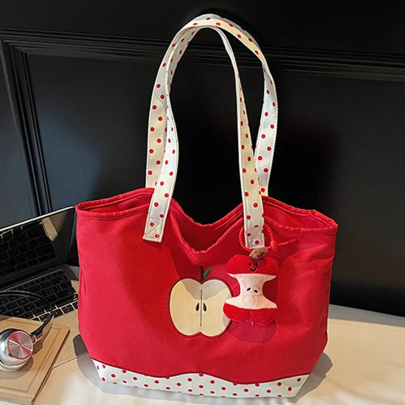 Cute Apple Pattern Canvas Tote Bag Women Sweet Polka Dot Shoulder Bag Large Capacity Casual Handbag Daily Shopping Storage Bag