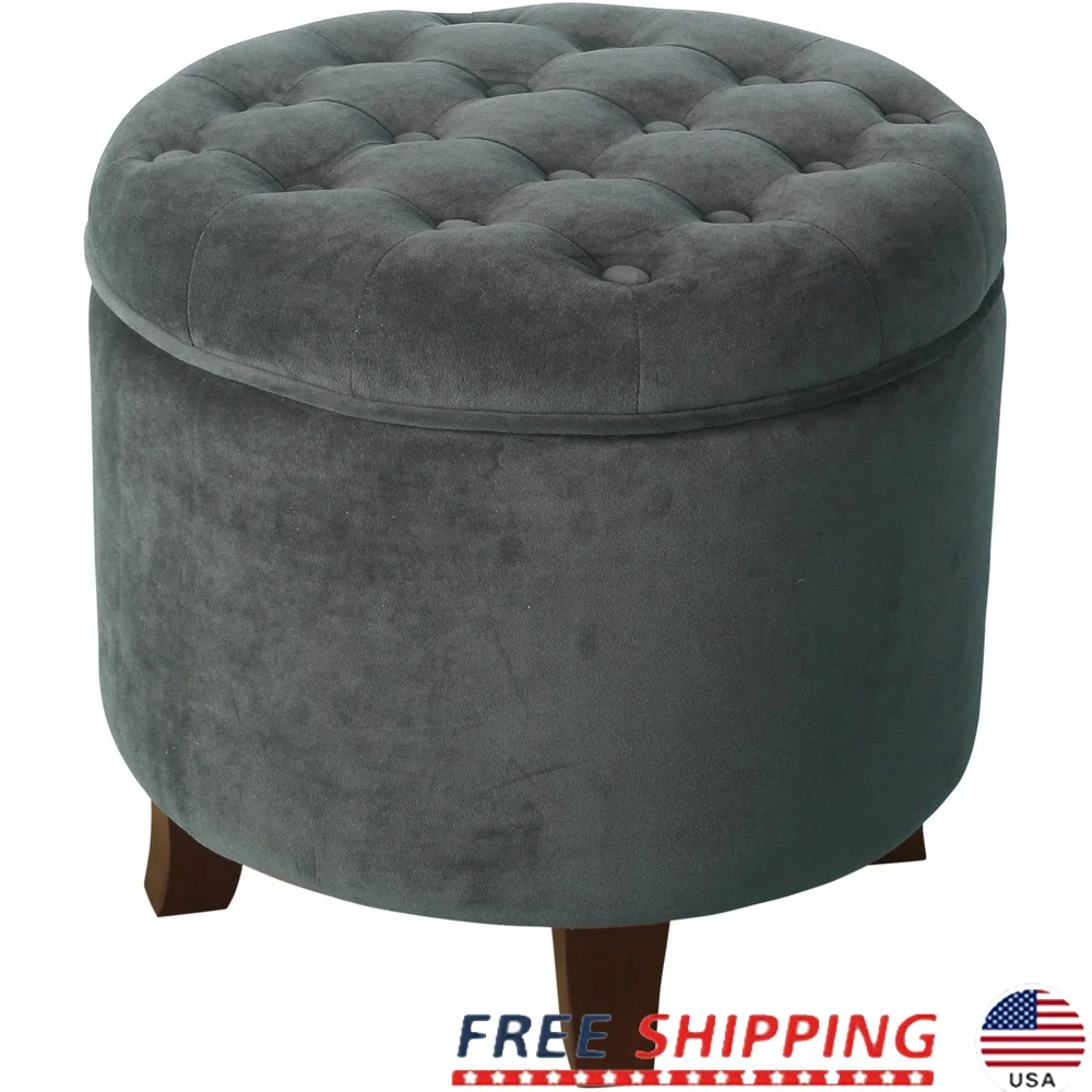 

Velvet Round Ottoman with Storage Tufted Design Lift-Off Lid Stylish Wood Legs Indoor Use Home Decor