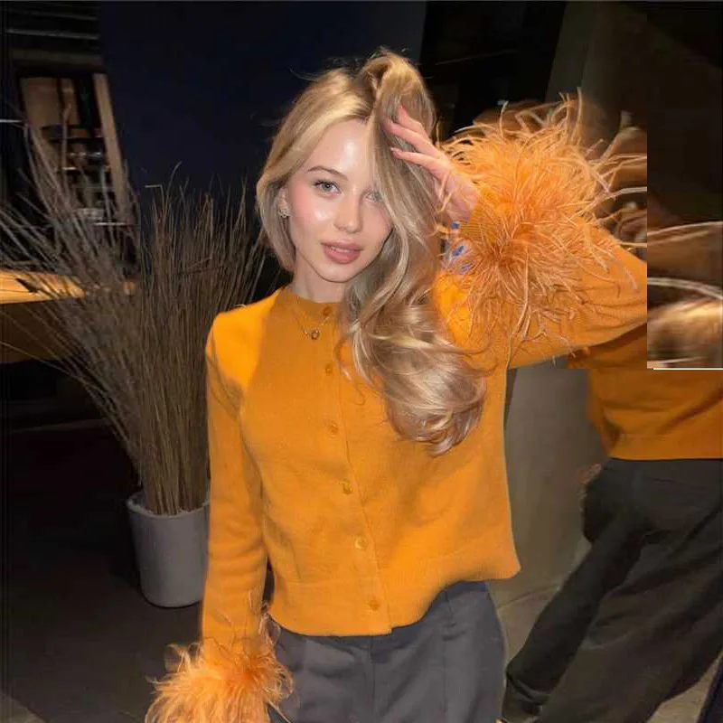 Women Elegant Solid Ribbed Round Neck Sweater Coat Feather Cuff Patchwork Long Sleeve Button-up Knitwear Cardigan Top