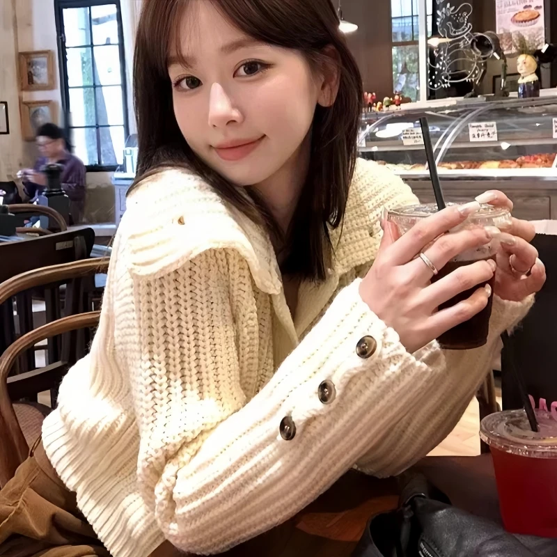 Maglione lavorato a maglia Cardigan da donna Nuova manica lunga Colletto rovesciato Maglione lavorato a maglia nero Cardigan Donna Top Sueters De Mujer Q1593