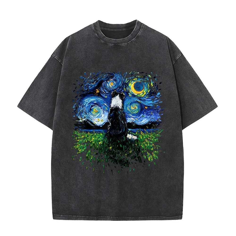 Border Collie Back Starry Night Impressionist Dog Aja Art T-Shirt for Men Women Girls Kids Summer Top Harajuku Fashion 한국인