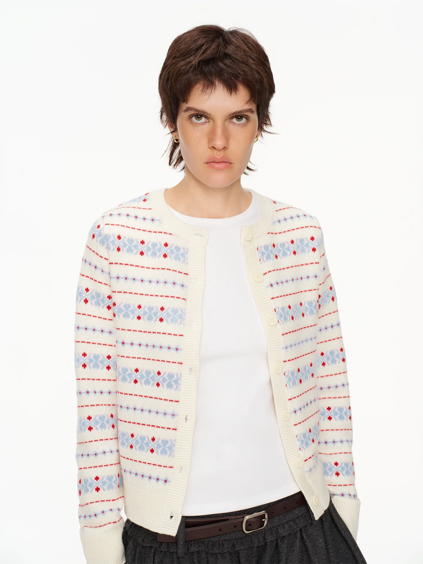 

Новый белый вязаный кардиган из смесовой шерсти Ni8hetro с геометрическим узором, повседневный, стандартный крой, длинный рукав, круглый вырез, Ciwalk Sui...