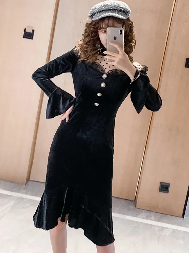 Autumn Winter Black Velvet Patchwork Mesh Midi Dress Polka Dot Sheer Sexy Club Women's Dress 2024 Korean Vintage Hepburn Dresses