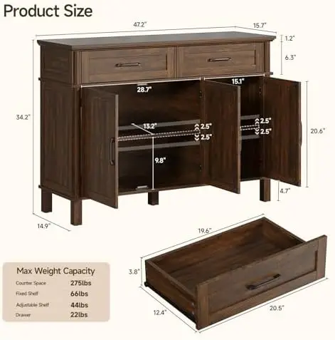 48 Inch Sideboard Buffet Cabinet with Storage, Farmhouse Coffee Bar Cabinet with 4 Drawers, Adjustable Shelves, Wood