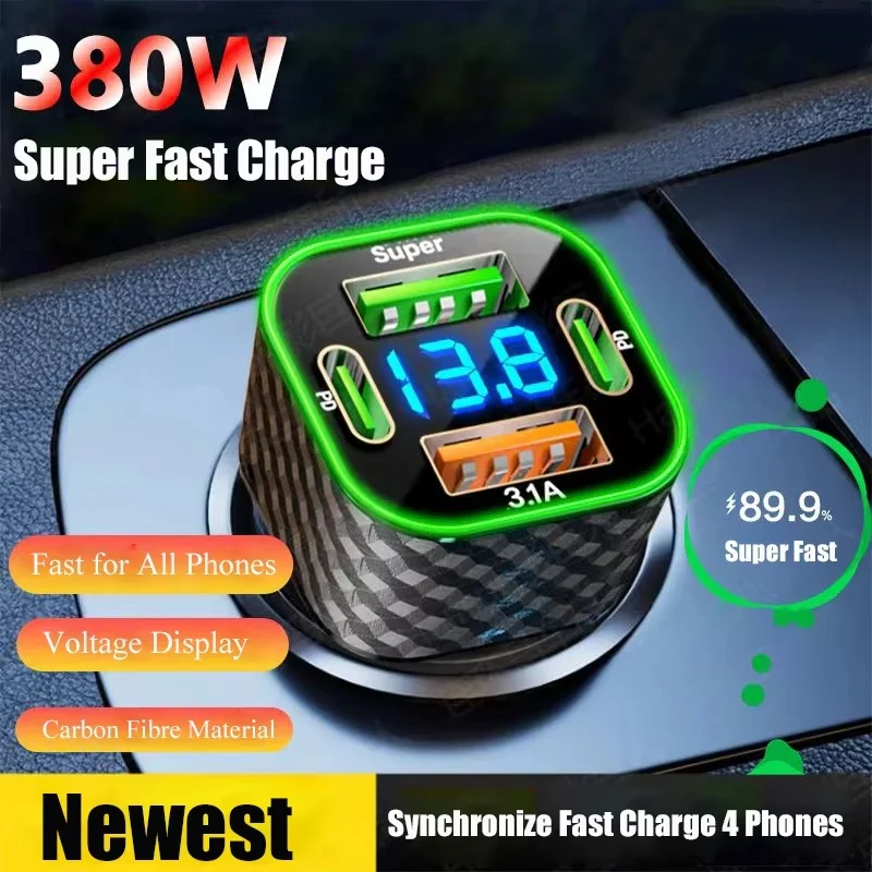 USB C Car Phone Charger Dual PD 4 in 1 with Voltage Display Super Fast Charge Adapter for iPhone Xiaomi Oppo Vivo Samsung