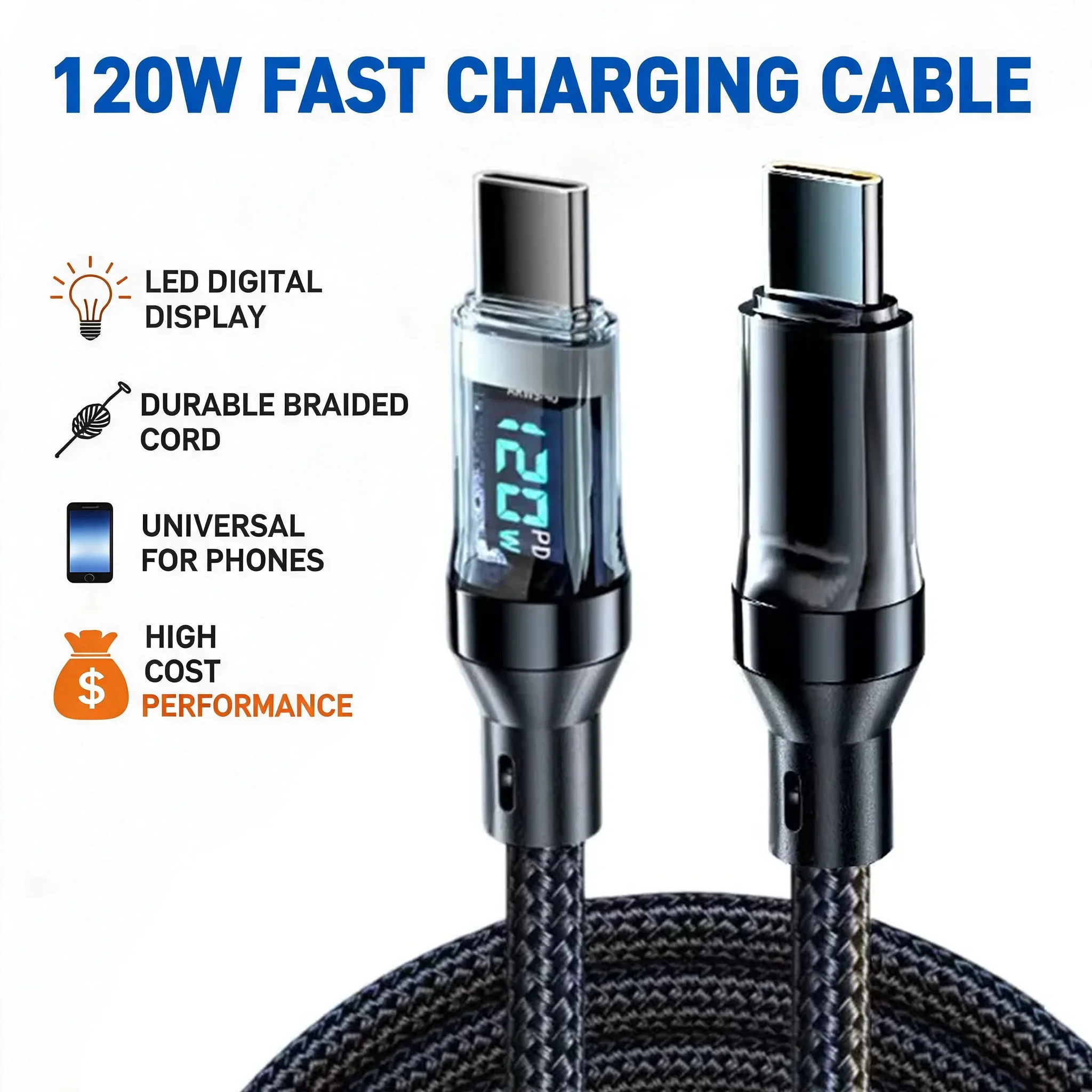 100W Type C To Type C Data Transfer Cable 120W USB A to Type C Fast Charge Cable with LED Display Cord for Xiaomi for Samsung