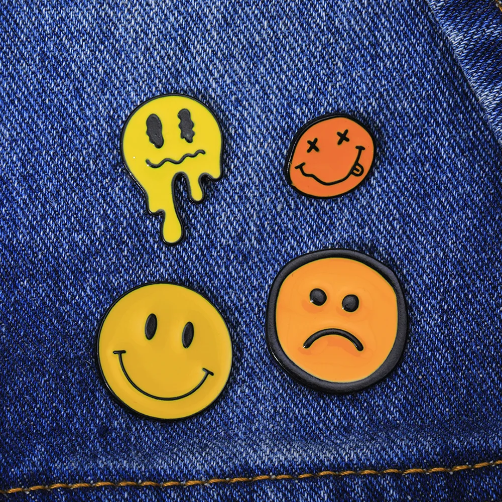 4Pcs Classic Emote Collection Pins Set Yellow Smiling Unhappy Crying Expression Enamel Brooches For Clothes Jewelry