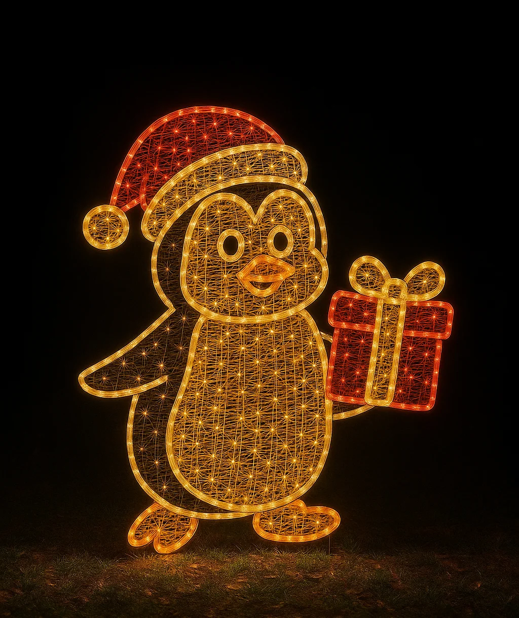 2D LED Penguin With Gift Box Light Decoration For Christmas Outdoor Metal Frame Motif With Rope Lights