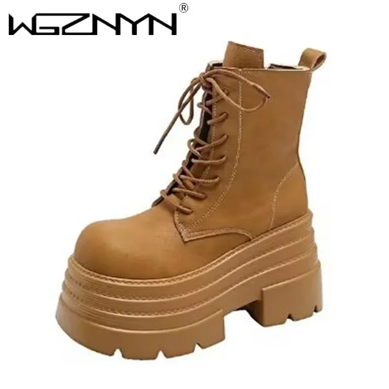 NEW 10.5CM Women High Platform Boots Gothic Leather Punk Shoes Female Ankle Short Combat Boot Wedge Heels Chunky Motorcycle Boot