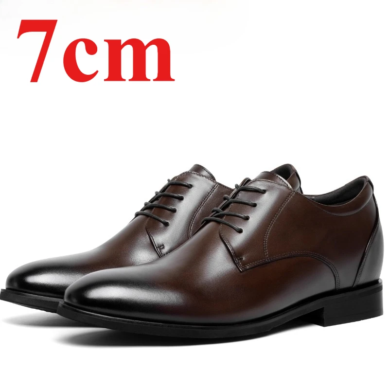 Brown Heightening Derby Shoes Men's Dress Shoes 7cm Genuine Leather Wedding Comfortable Invisible Inner Height-increasing Shoes