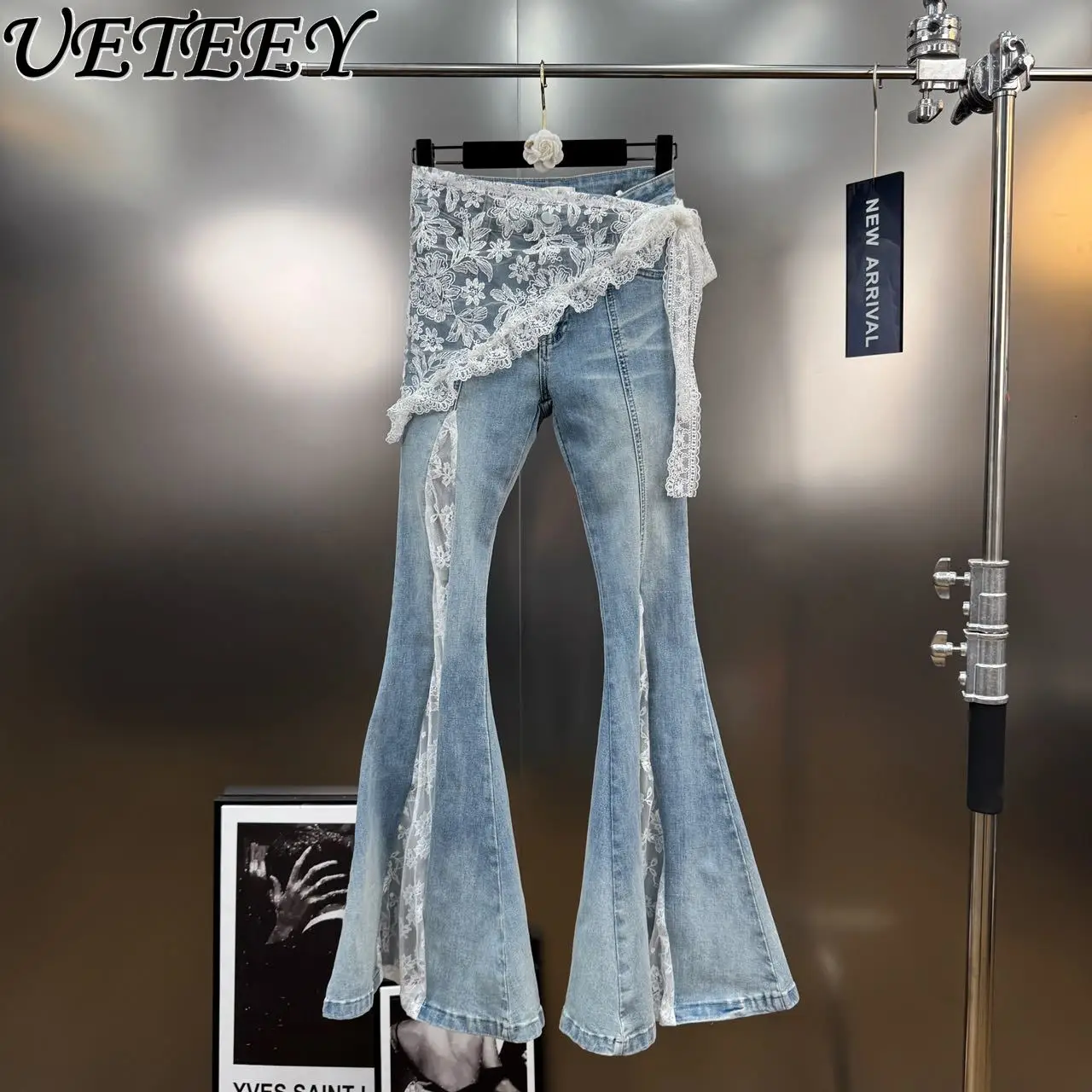 

Spring/Summer 2025 French Retro Lace Stitching Hip Stretch Blue Jeans Women Fashion High Waist Slim Flared Pants Female Trousers