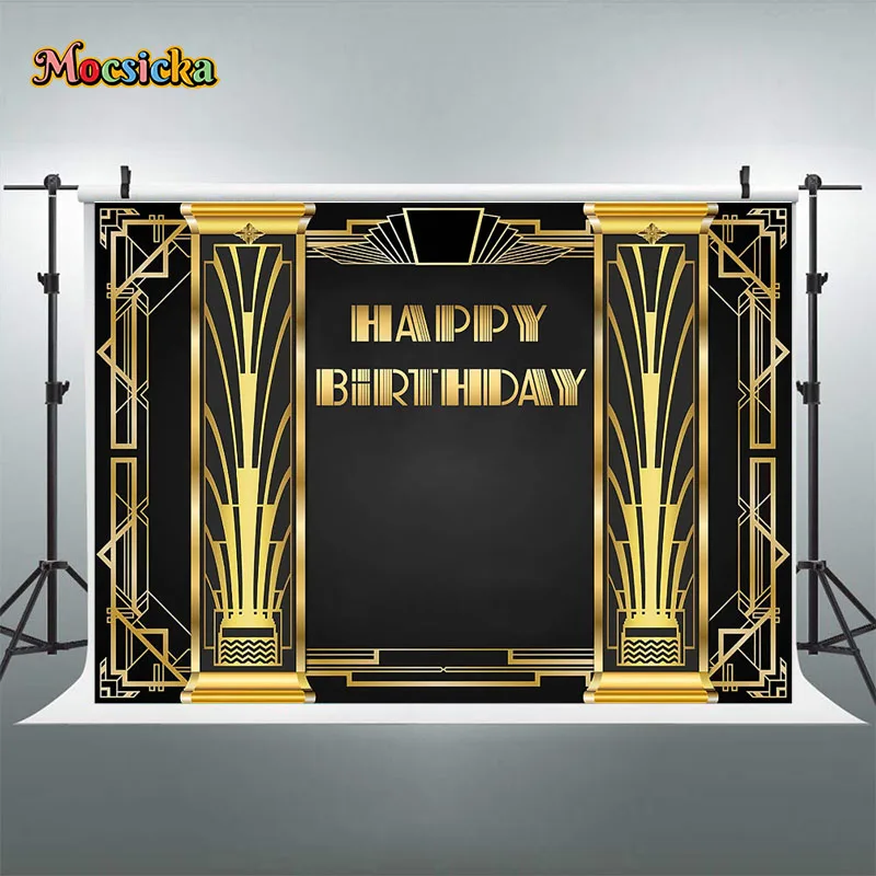 Mocsicka grande gatsby decoração pano de fundo fotografia feminino aniversário dourado preto luxo foto fundo estúdio cartaz banner