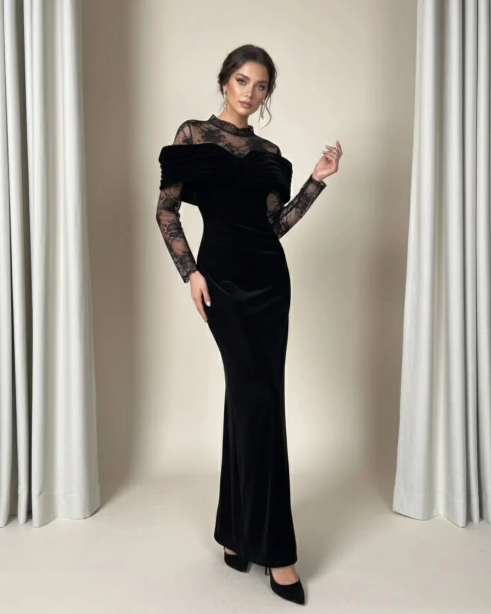 Customized Matching Fashion Velour Lace Pleat Mermaid High Collar Midi Dresses Evening Dresses Sizes Available High Quality Sexy