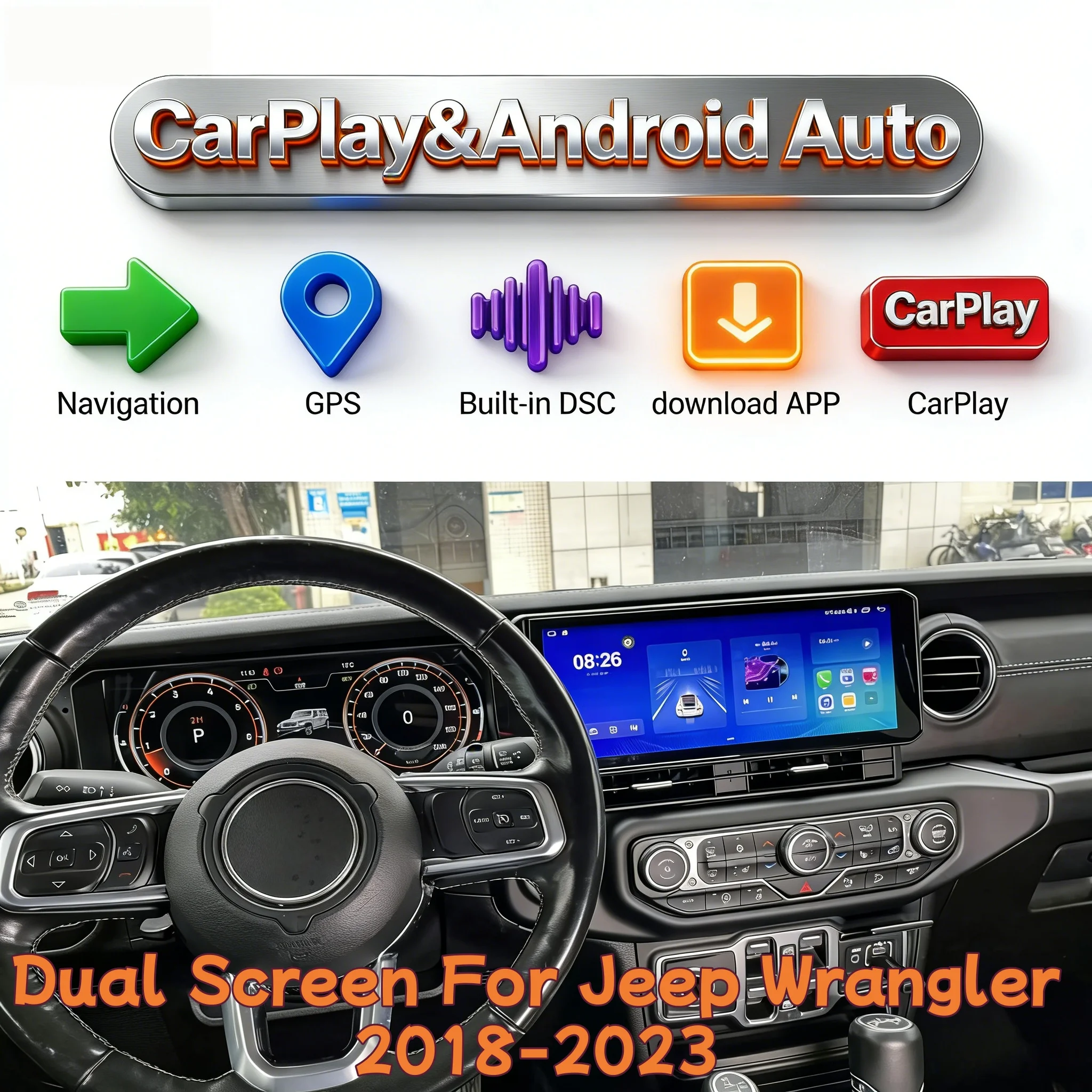 

Android 13 Multimedia Auto Car RadioFor Jeep Wrangler 2018-2023 Wireless CarPlay Dual Screen Digital Dashboard Headunit LHD RHD