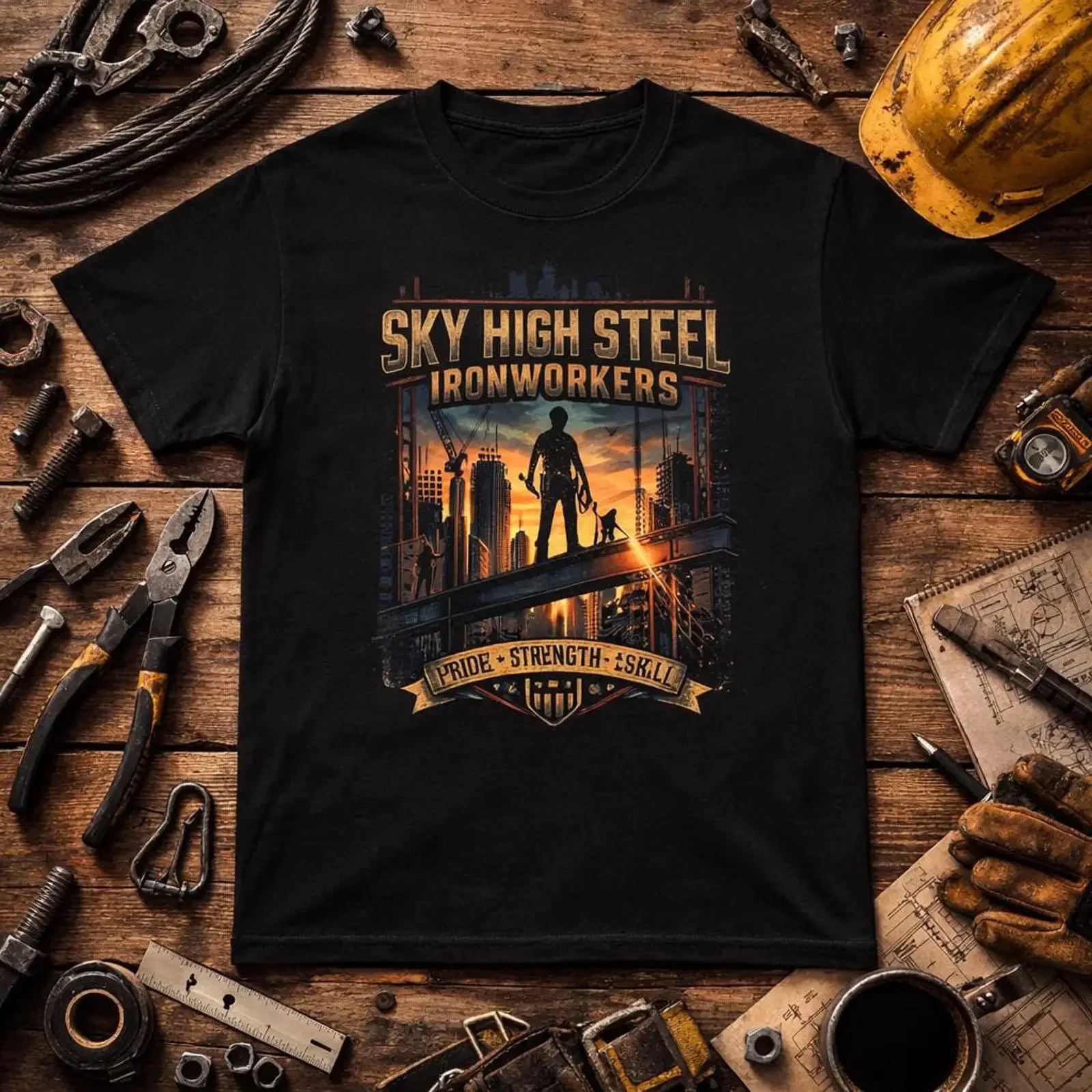 Sky High Steel Ironworkers T Shirt Construction Site Sunset  vintage Washed Versatile Slightly Unisex Casual Stylish