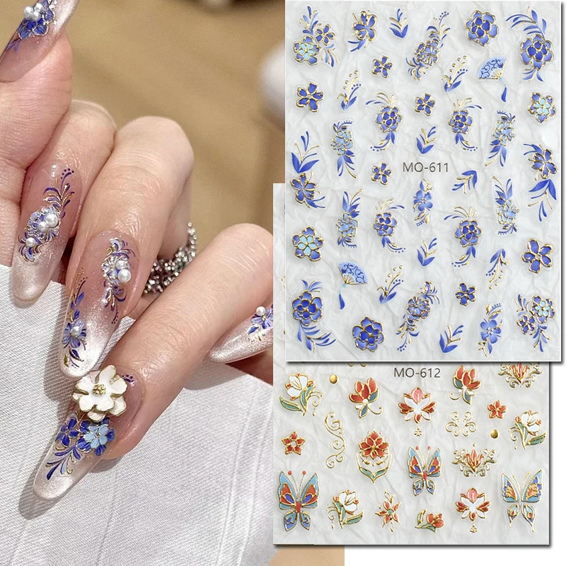 

5d Emboss Nail Art Stickers Golden Lines Chinese Blue Porcelains Flowers Butterflys Nail Decals For Manicure Tips Accessories